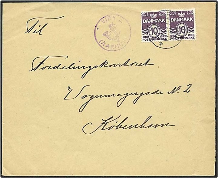 10 øre violet bølgelinie på brev fra Viby J. d. 5.9.1942 til København. Viby J. / (Aarhus) posthornsstempel.