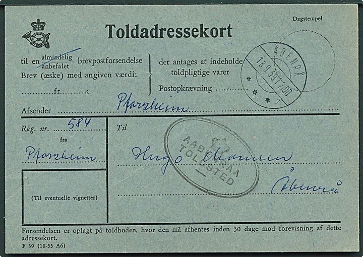 Toldadressekort - Formular F 39 (10-53 A6) fra Åbenrå d. 18.9.1959 for anbefalet brev fra Pforzheim, Tyskland til Åbenrå.
