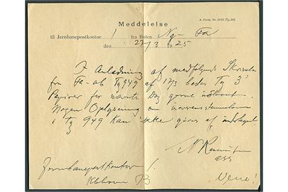Meddelelse til Jernbanepostkontor A.Form. Nr. 2022 (8/4 24) fra bureau Ny-Fa (Nyborg-Fredericia) til Jernbanepostkontor 1 d. 27.3.1925. På bagsiden stemplet: Jernbanepostkontor 1 / København.