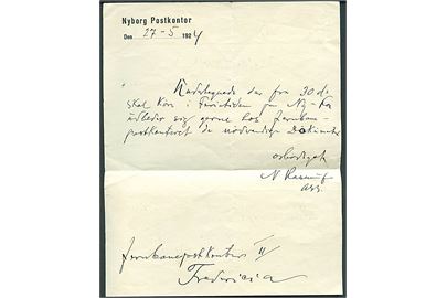 Meddelelse fra Nyborg Postkontor d. 27.5.1924 til Jernbanepostkontor II i Fredericia. På bagsiden svar og stempel: Jernbanepostkontor 2 / Fredericia d. 29.5.1924.