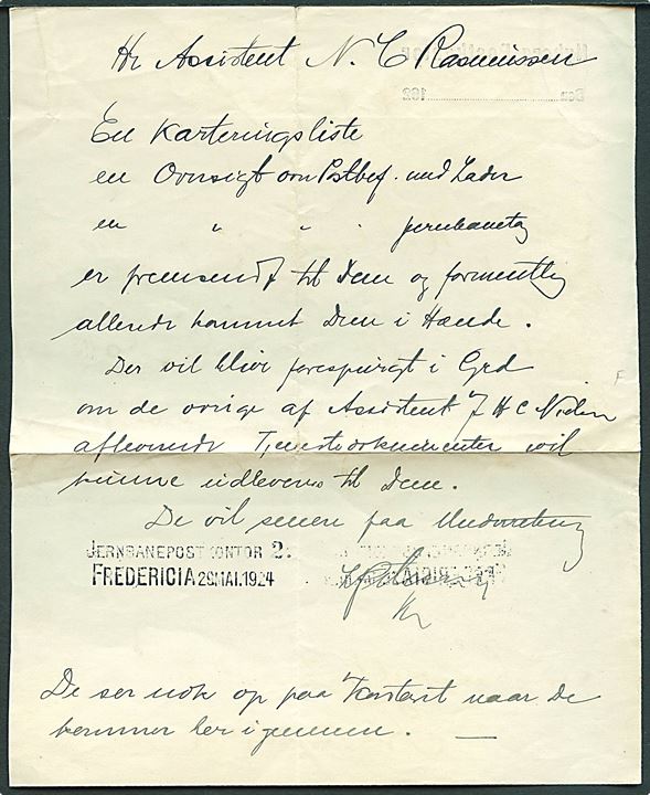 Meddelelse fra Nyborg Postkontor d. 27.5.1924 til Jernbanepostkontor II i Fredericia. På bagsiden svar og stempel: Jernbanepostkontor 2 / Fredericia d. 29.5.1924.