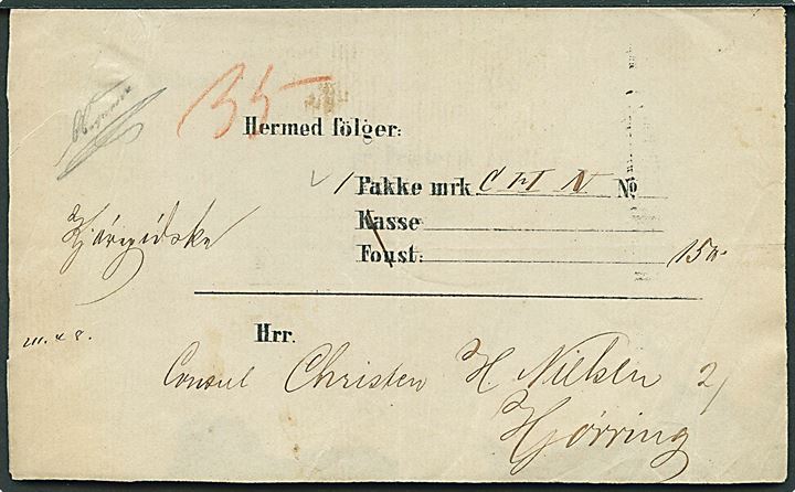 Fragtbrev for pakke fra Kjøbenhavn d. 17.10.1865 til Hjørring. Flere påtegninger.