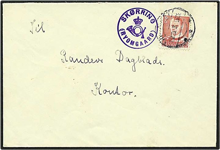 20 øre rød Fr. IX på brev fra Skørring d. 15.5 1950 til Randers. Skørring / (Ryomgaard) posthornsstempel.