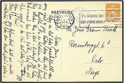 10 øre orange bølgelinie på postkort fra Greve Stand d. 22.1.1935 til Oslo, Norge. Greve Strand / (Taastrup) posthornsstempel.