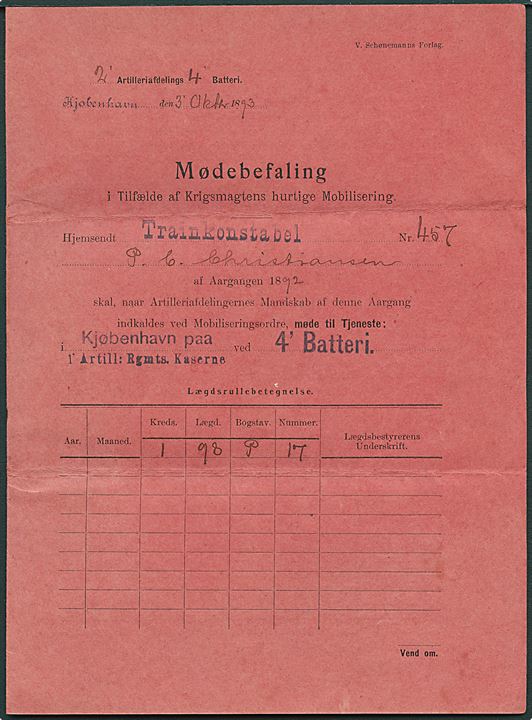Rød Mødebefaling i Tilfælde af Krigsmagtens hurtige Mobilisering. fra 2. Artilleriafdelings 4. Batteri dateret Kjøbenhavn d. 3.10.1893.