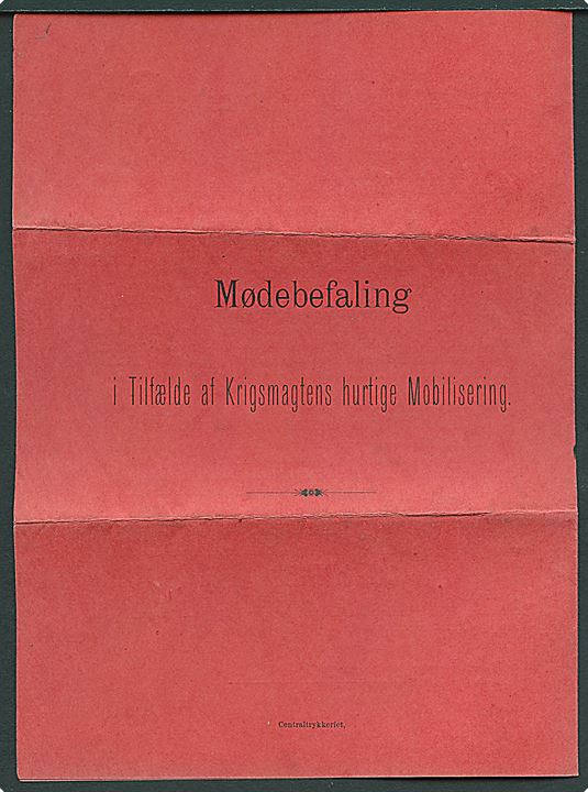 Rød Mødebefaling i Tilfælde af Krigsmagtens hurtige Mobilisering. fra 2. Artilleriafdelings 4. Batteri dateret Kjøbenhavn d. 3.10.1893.