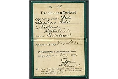 Droskechauffør kort no. 19 dateret København d. 21.3.1923.