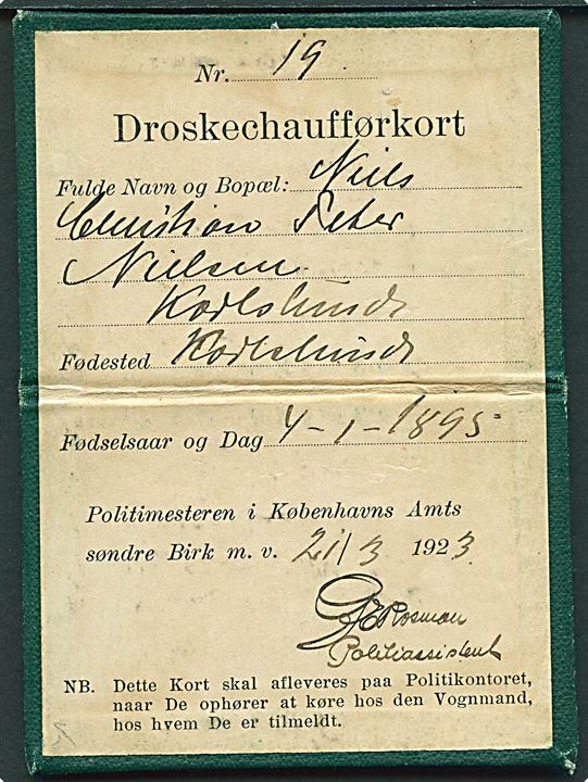 Droskechauffør kort no. 19 dateret København d. 21.3.1923.
