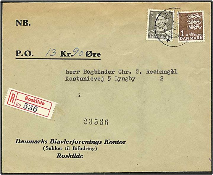 40 øre grå Fr. IX og 1 kr. brun rigsvåben på Rec. postopkrævning fra Roskilde d. 8.7.1952 til Lyngby.
