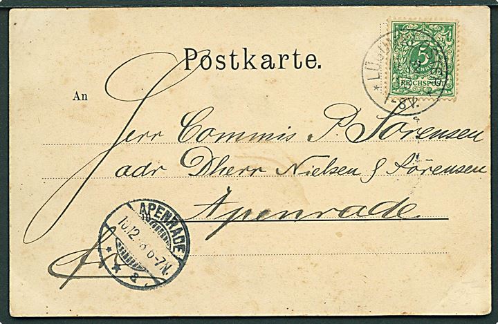 5 pfg. Ciffer på brevkort (Gruss aus Lügumkloster) annulleret med 1-ringsstempel Lügumkloster d. 10.12.1898 til Apenrade.