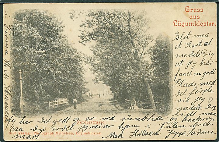 5 pfg. Ciffer på brevkort (Gruss aus Lügumkloster) annulleret med 1-ringsstempel Lügumkloster d. 10.12.1898 til Apenrade.