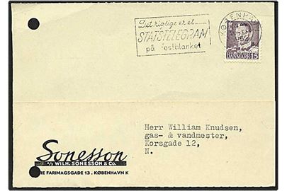 15 øre violet Fr. IX på lokalt sendt kort fra København d. 20.9.1952. Mærket med perfin S05 - Sonesson.