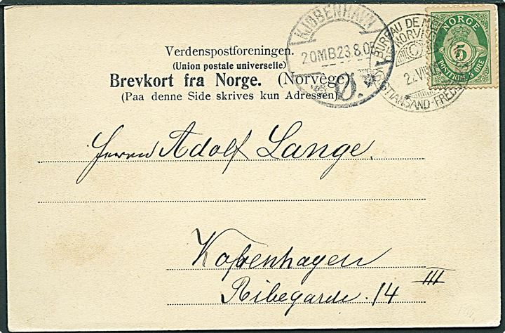 5 øre Posthorn på brevkort annulleret med sejlende postbureau Bureau de Mer de Norvege C Kristiansand - Frederikshavn d. 22.8.1905 til Kjøbenhavn, Danmark.
