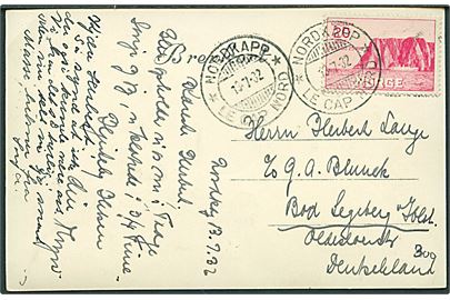 20+25 øre Nordkapp I på brevkort (Nordkap posthus) annulleret med særstempel Nordkapp * Le Cap Nord * d. 13.7.1932 til Bad Segeberg, Tyskland.