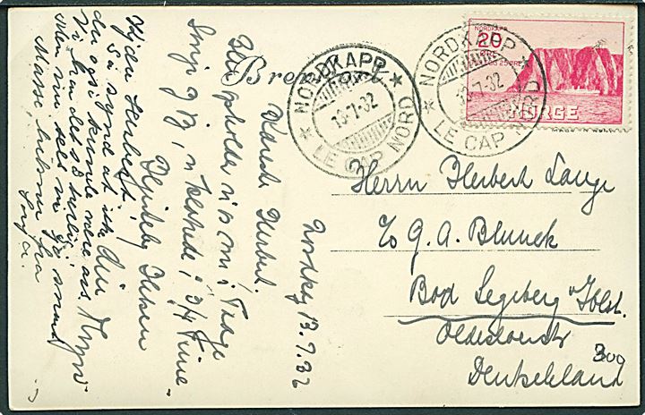 20+25 øre Nordkapp I på brevkort (Nordkap posthus) annulleret med særstempel Nordkapp * Le Cap Nord * d. 13.7.1932 til Bad Segeberg, Tyskland.