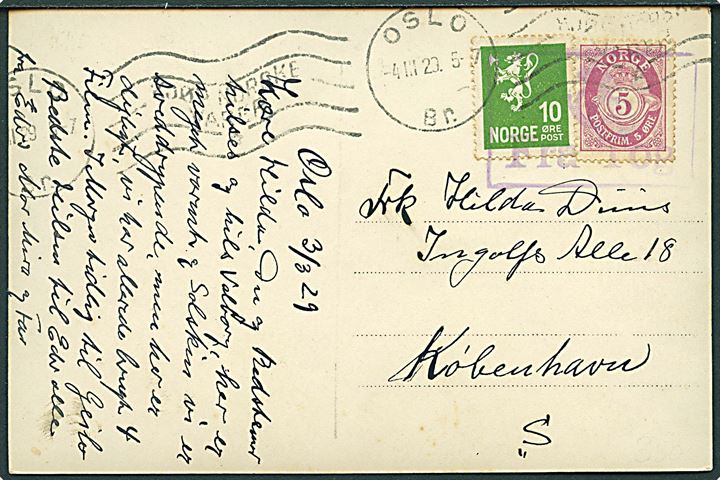 5 øre Posthorn og 10 øre Løve på brevkort (Vinter i Norge) annulleret med rammestempel (Posthorn) Fra Tog og Oslo d. 4.3.1929 til København, Danmark. 