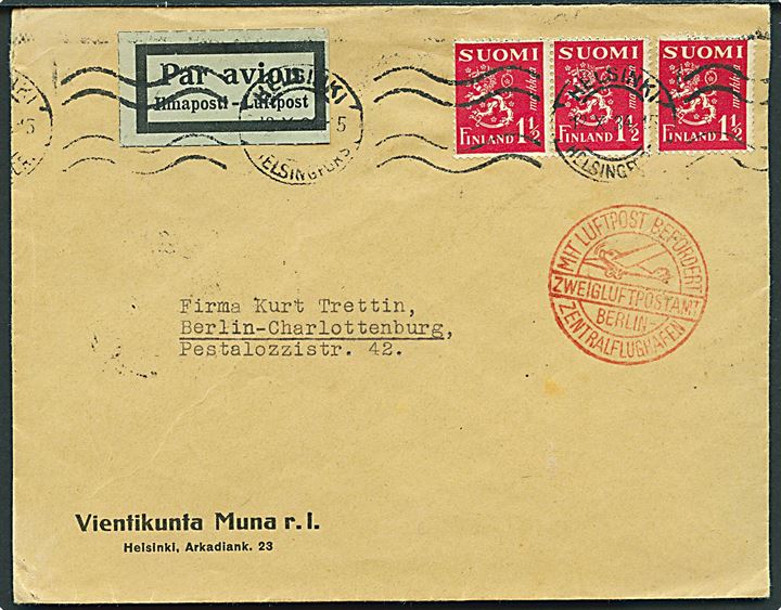 1½ mk. Løve (3) på luftpostbrev fra Helsinki d. 12.10.1934 til Berlin, Tyskland. Tysk lufuftpoststempel: Mit Luftpost befördert Zweigluftpostamt Berlin Zentralflughafen
