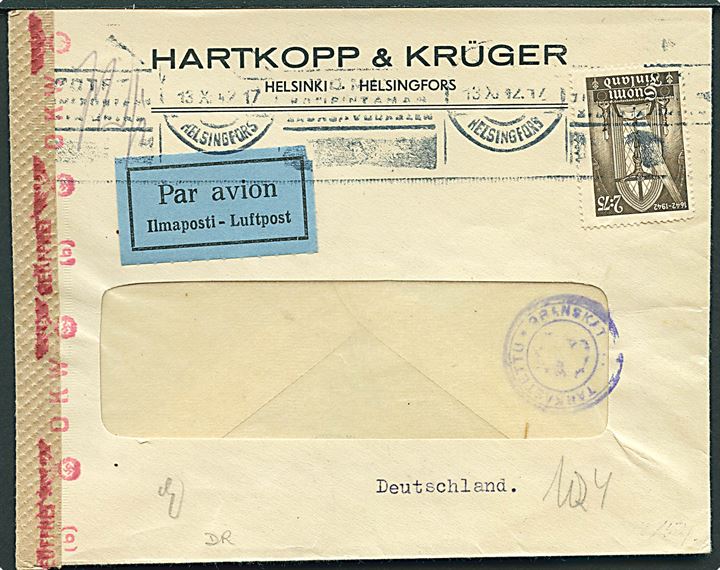 2,75 mk. Bibeljubilæum single på rudekuvert sendt som luftpost fra Helsingfors d. 13.11.1942 til Tyskland. Både finsk og tysk censur.