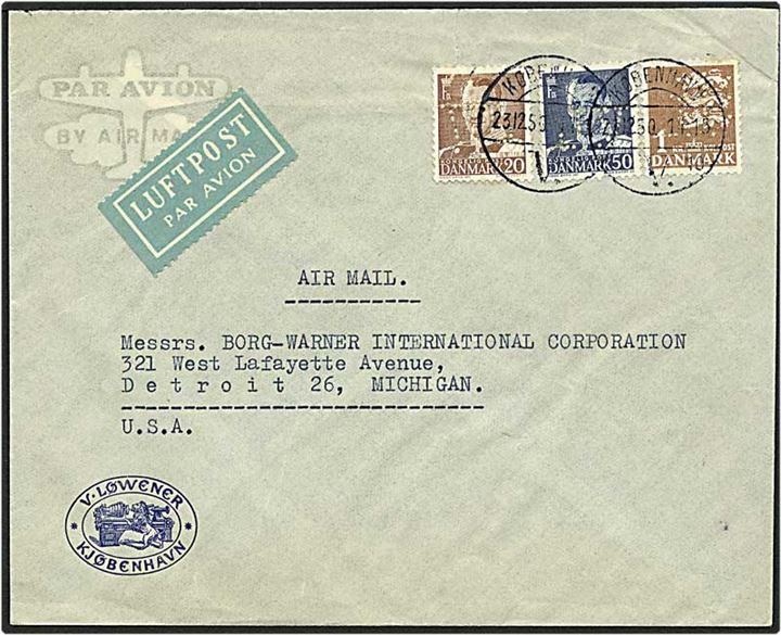 20 øre brun og 50 øre mørkeblå Fr. IX samt 1 kr. brun rigsvåben på luftpost brev fra København d. 23.12.1950 til Michigan, USA. Mærkerne med perfin V15 - V. Løwener.