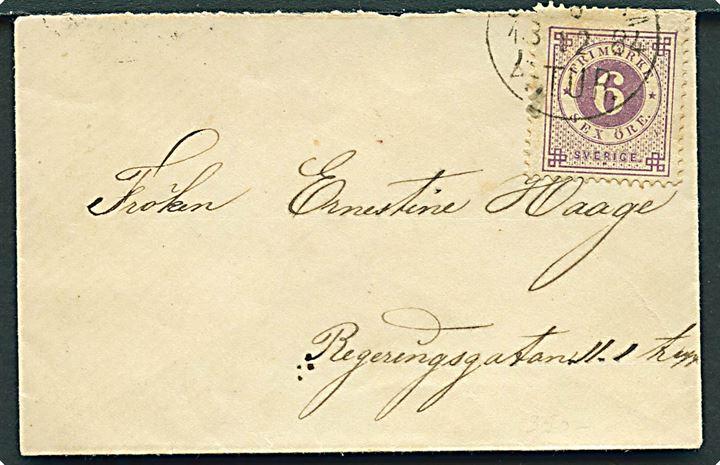 6 öre Ringtype på lille lokalbrev i Stockholm d. x.12.1884.