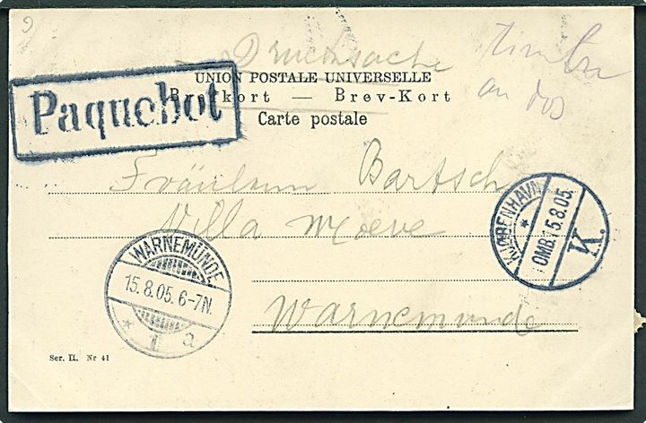 5 öre Oscar II på billedside af brevkort annulleret med skibsstempel Fra Sverige M. og sidestemplet Paquebot og Kjøbenhavn K. d. 15.8.1905 til Warnemünde, Tyskland.