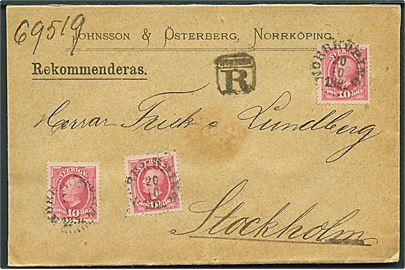 10 öre Oscar II (3) på anbefalet brev fra Norrköping d. 20.10.1892 til Stockholm.