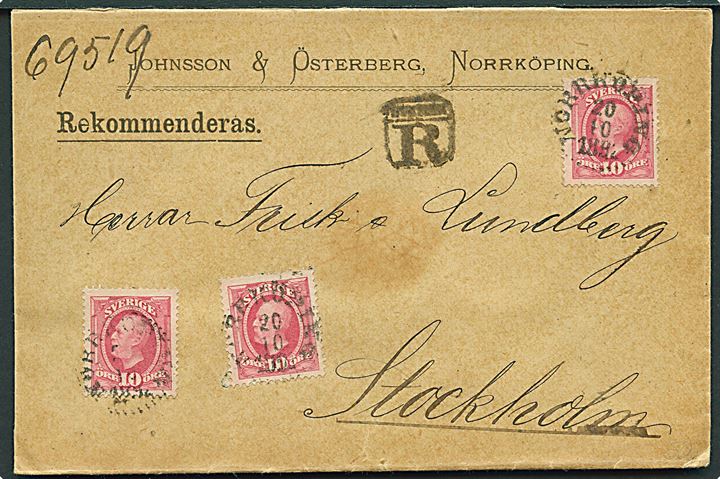 10 öre Oscar II (3) på anbefalet brev fra Norrköping d. 20.10.1892 til Stockholm.