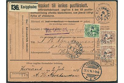 5 öre og 30 öre (2) Gustaf på postopkrævning fra Kneippbaden d. 25.6.1914 til Härnösand. Fold.