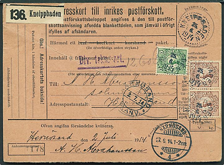 5 öre og 30 öre (2) Gustaf på postopkrævning fra Kneippbaden d. 25.6.1914 til Härnösand. Fold.