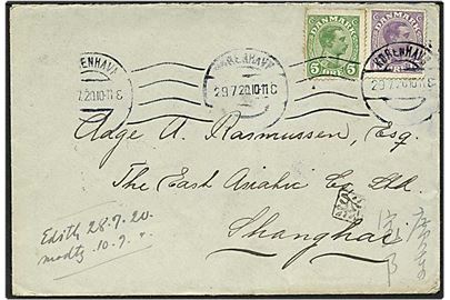 5 øre grøn og 15 øre violet Chr. X på brev fra København d. 29.7.1920 til Shanghai, Kina.