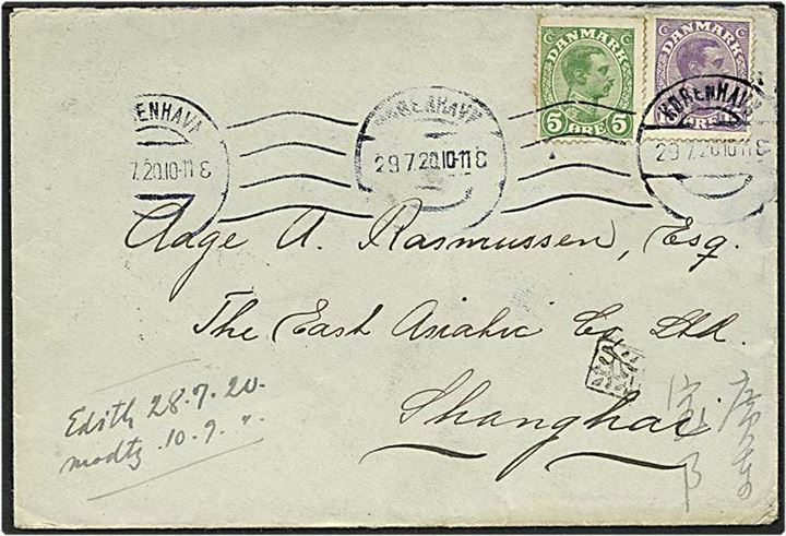 5 øre grøn og 15 øre violet Chr. X på brev fra København d. 29.7.1920 til Shanghai, Kina.