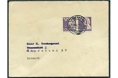 10 öre Tegner 3-sidet takket i parstykke på brev fra Helsingborg annulleret med dansk bureaustempel København - Helsingborg T.1438 d. 24.11.1946 til København.