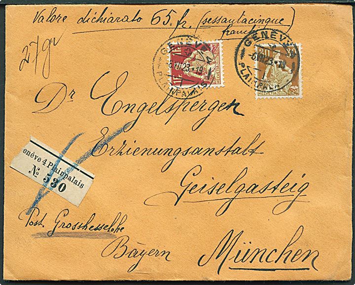 30 c. og 1 fr. Helvetia på værdibrev fra Geneve d. 6.7.1923 til München, Tyskland.