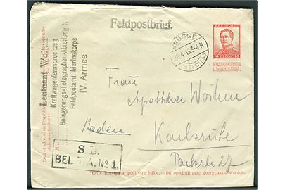 Tysk post i Belgien. Belgisk helsagskuvert benyttet som feltpostbrev stemplet Brügge (Belgien) d. 30.4.1915 til Karlsruhe, Tyskland. 