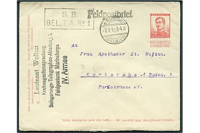 Tysk post i Belgien. Belgisk helsagskuvert benyttet som feltpostbrev stemplet Brügge (Belgien) d. 7.7.1915 til Karlsruhe, Tyskland. 