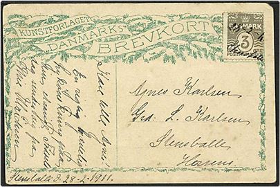 3 øre grå bølgelinie på postkort fra Stensballe d. 28.2.1911 til Horsens. Mærket blækanulleret.