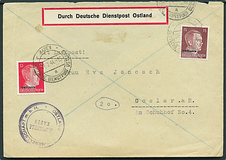 Ostland. 12 pfg. og 15 pfg. Hitler Ostland provisorier på luftpostbrev stemplet Kauen Deutsche Dienstpost Ostland d. 7.2.1944 til Goslar, Tyskland. Bagklap mgl.