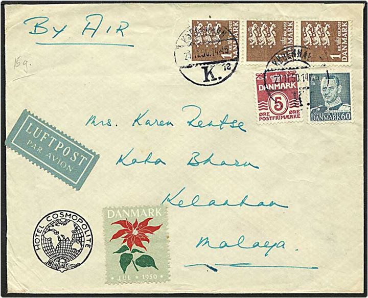 5 øre vinrød bølgelinie og 60 øre blågrøn Fr. IX samt 1 kr. brun rigsvåben på luftpost brev fra København d. 21.11.1950 til Malaya.