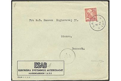 20 øre rød Gustav på brev fra Laxå, Sverige, d. 5.1.1944 til Odense. Dansk censur med neutral brun lukkestrimmel.