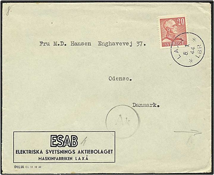 20 øre rød Gustav på brev fra Laxå, Sverige, d. 5.1.1944 til Odense. Dansk censur med neutral brun lukkestrimmel.