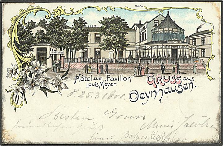 Tyskland, Oeynhausen, gruss aus med Hotel zum “Pavillon” Louis Meyer. No. 1665. Kvalitet 7