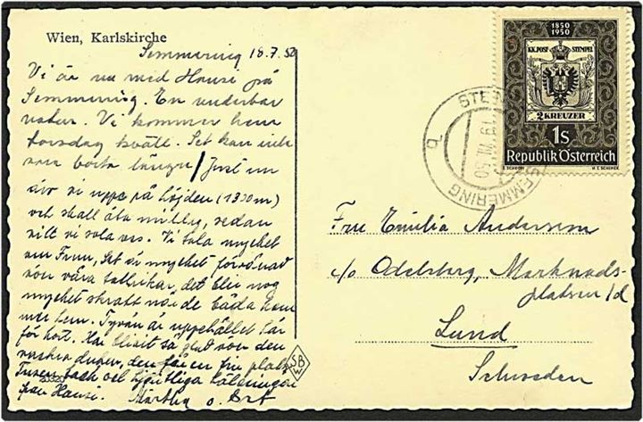 1 schilling sort på postkort fra Østrig d. 19.7.1950 til Lund, Sverige.