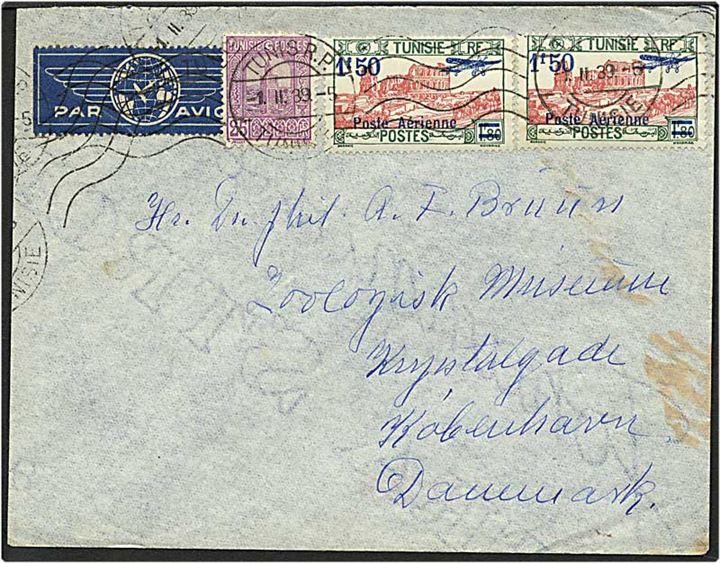 3,25 frank på luftpost brev fra Tunesien d. 1.11.1939 til København.