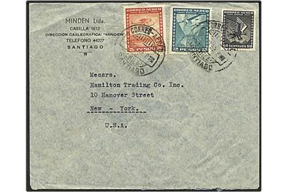 7,60 pesos på luftpost brev fra Santiago de Chile d. 22.10.1939 til New York, USA.