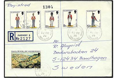31 pence på Rec. brev fra Guernsey d. 22.10.1974 til Bandhagen, Sverige.