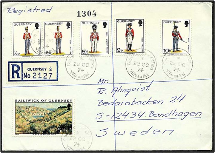 31 pence på Rec. brev fra Guernsey d. 22.10.1974 til Bandhagen, Sverige.