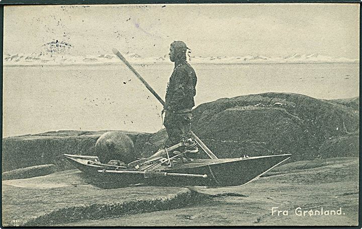 Eskimo med kajak. U/no. Sendt fra Grønland m. stempel (krone) / Administrationen for /Kolonierne i Grønland. Kvalitet 8