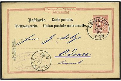 10 pfennig rød enkeltbrevkort fra Ebingen, Tyskland, d. 15.6.1889 til Odense.