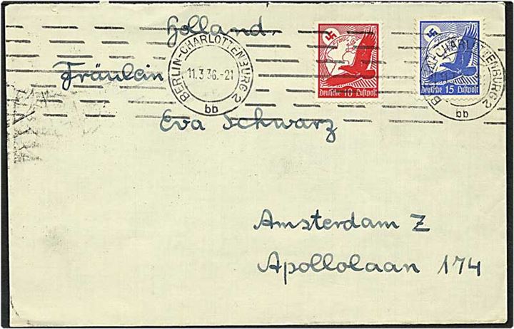 25 pfennig på brev fra Berlin, Tyskland, d. 11.3.1936 til Amsterdam, Holland.