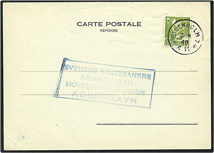 15 øre grøn Fr. IX på kort sendt fra Stockholm, Sverige, d. 2.9.1949 til København.